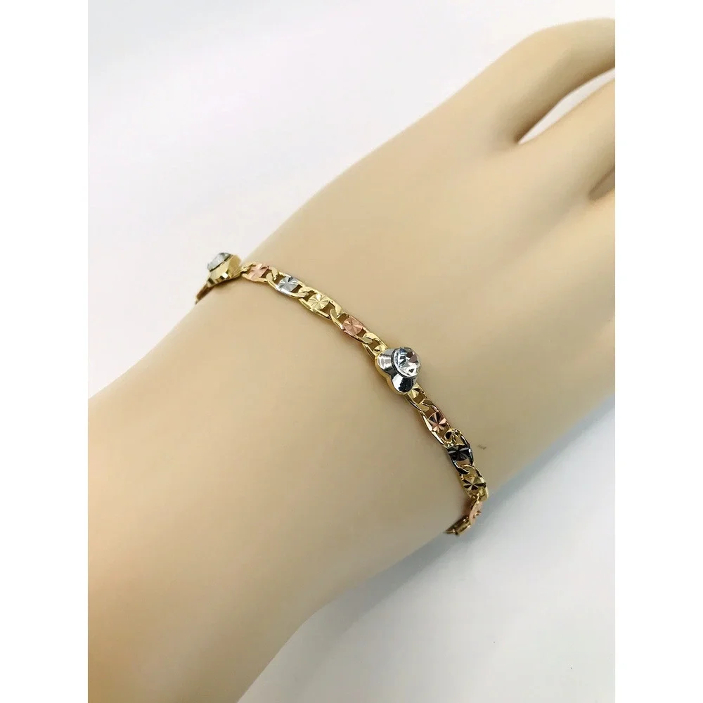 Rhinestone Women 14K Gold Plated Chain Bracelet. 7.5in Oro Laminado Tri Color